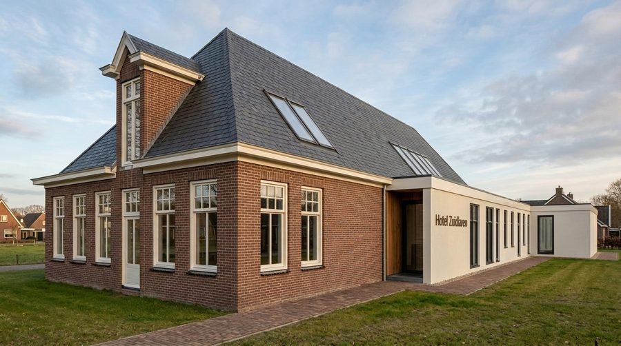 Impressie van Hotel Zuidlaren aan de Stationsweg, met bakstenen hoofdgebouw en witte lage vleugel met belettering