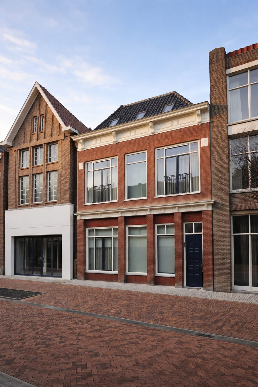 Herstelde gevelwand aan de Grotestraat in Almelo, met winkelpuien en verdiepingen erboven