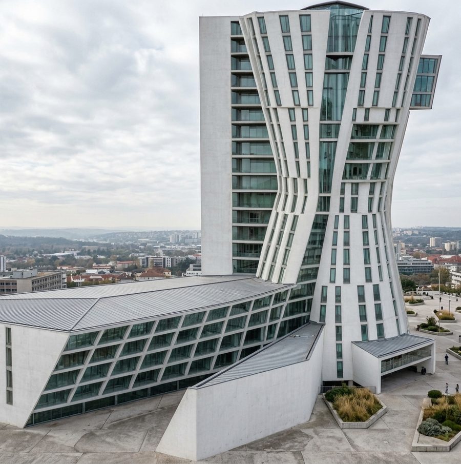 Ontwerp voor een bibliotheek in Amsterdam met een lage plint en een ingesnoerde toren