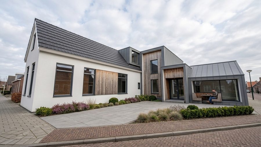 Kantoorpand aan de Asserstraat in Gieten met gestapelde volumes in wit en hout